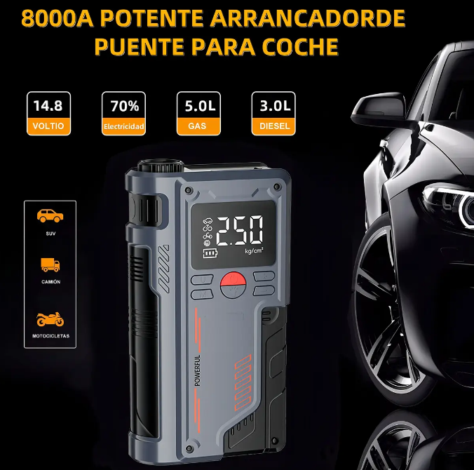 ⚡ MAX POWER – Arrancador Inteligente 4 en 1 con Compresor y Batería 20000mAh 🚗