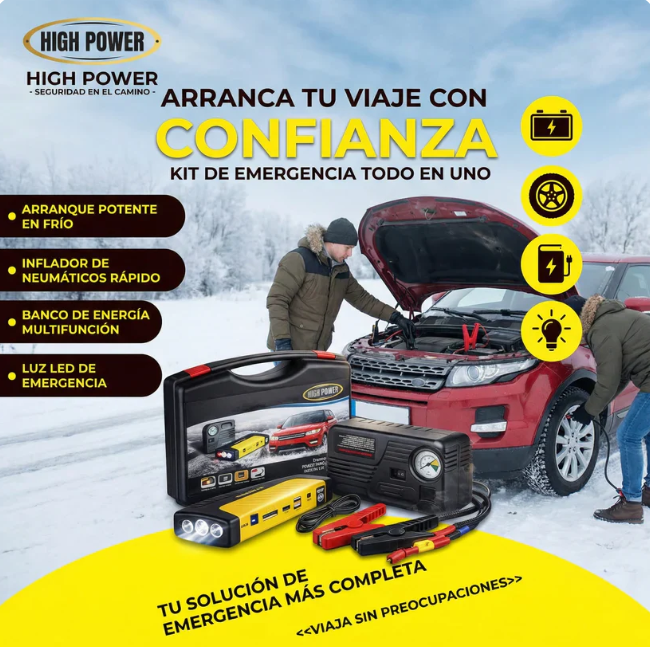🚗 ARRANCADOR DE BATERIAS - KIT EMERGENCIA 4 EN 1