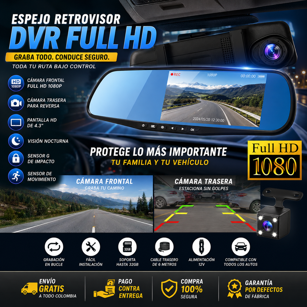 🚗 Espejo Retrovisor Inteligente DVR Full HD + Cámara de Reversa