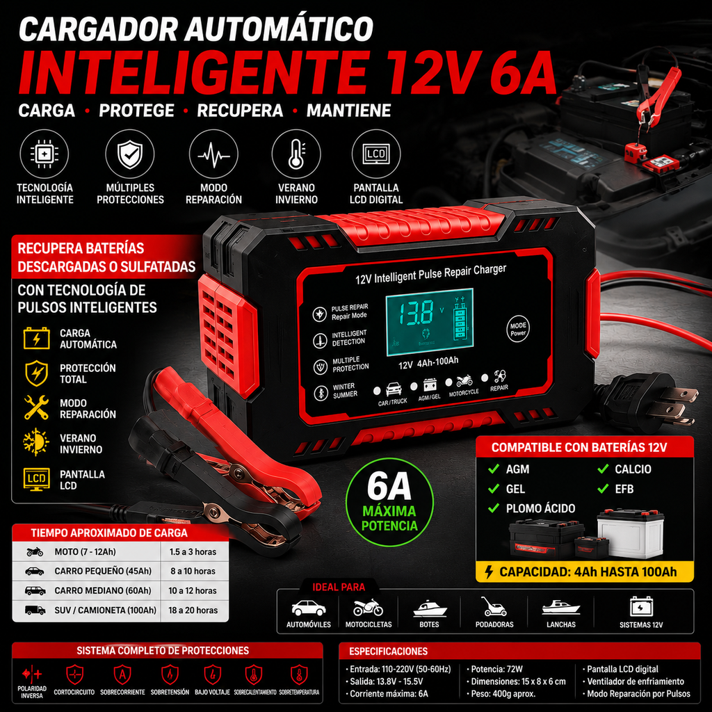 🔋 Cargador Inteligente 12V 6A para Carro y Moto | Automático con Pantalla LCD y Modo Reparación
