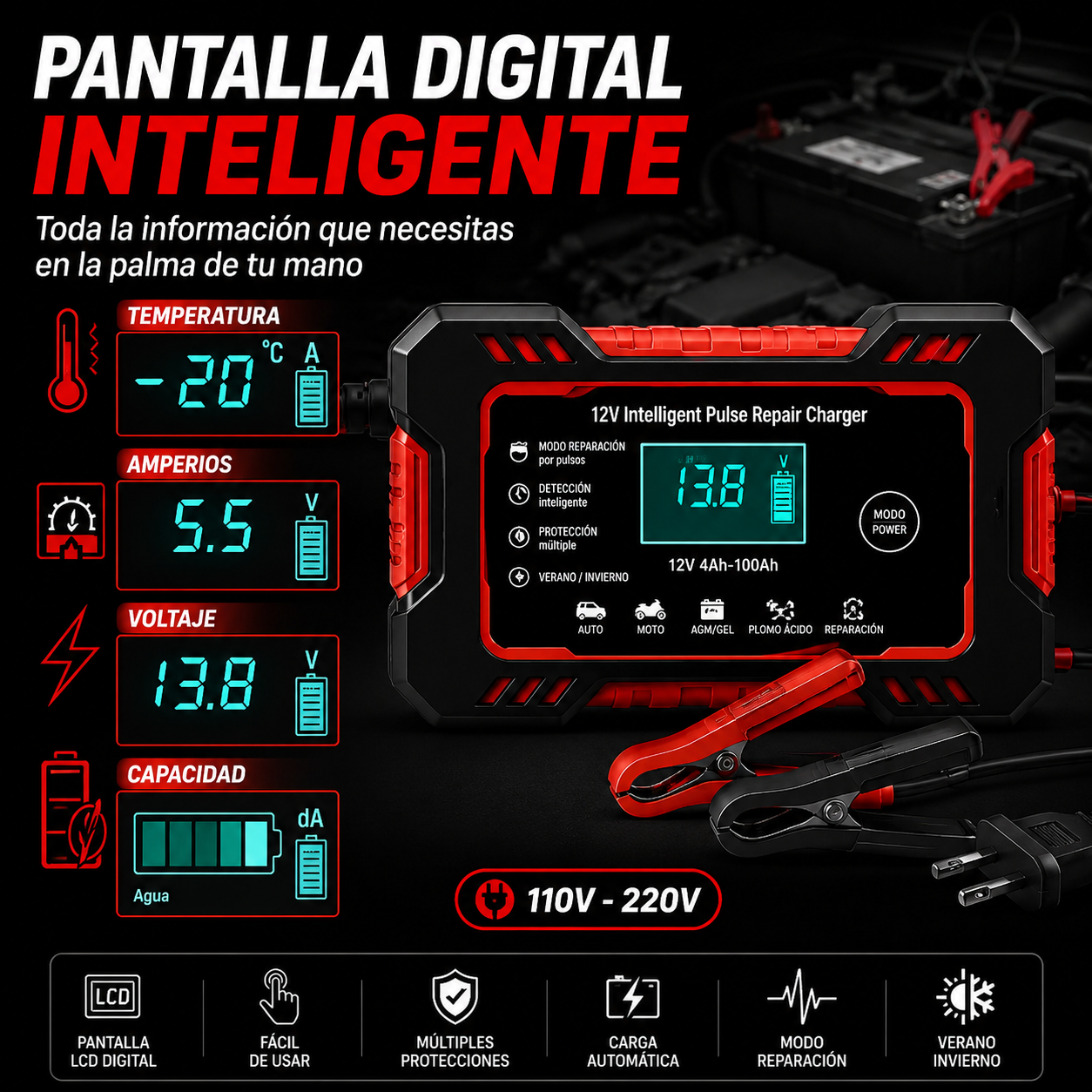 🔋 Cargador Inteligente 12V 6A para Carro y Moto | Automático con Pantalla LCD y Modo Reparación