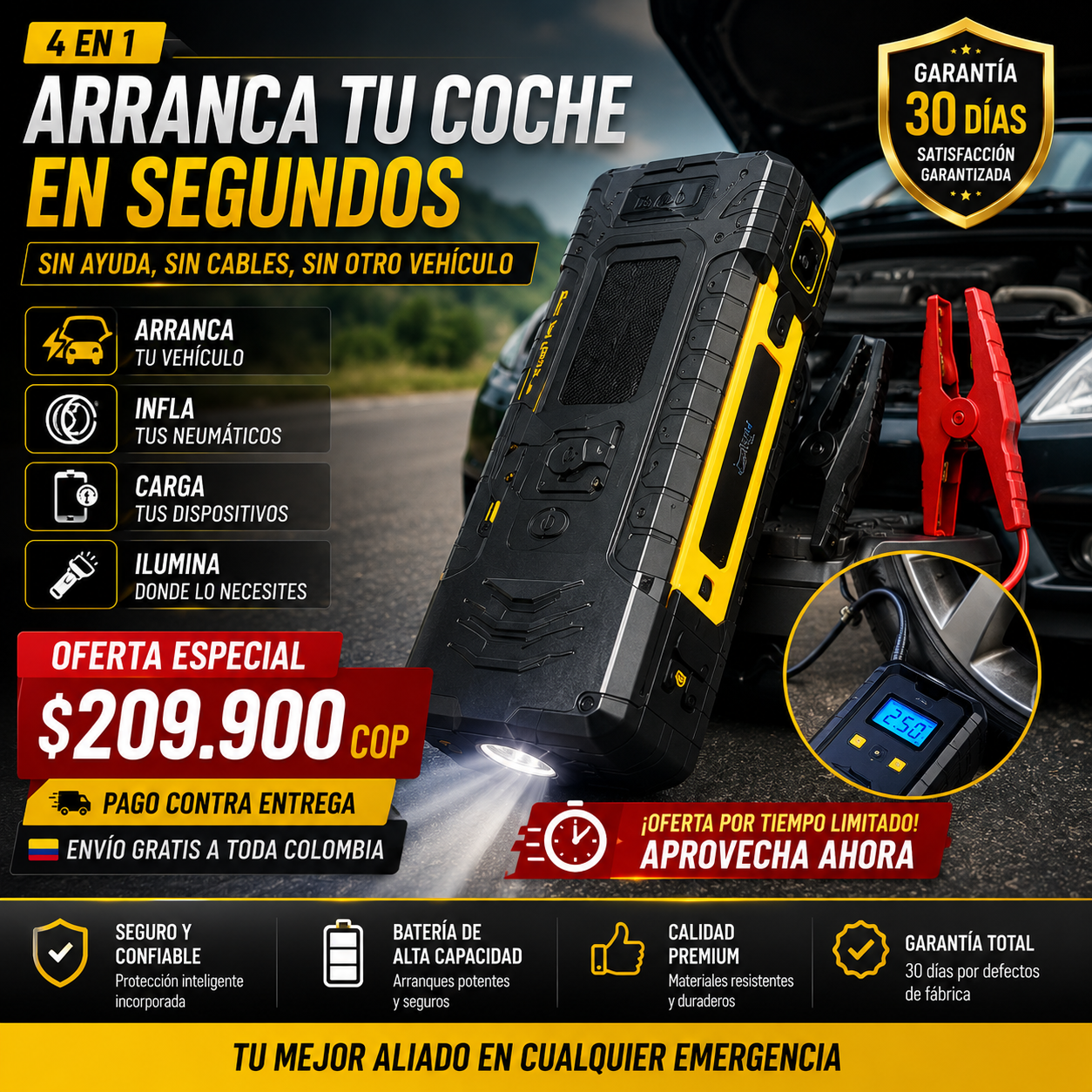 🚗 KIT DE EMERGENCIA 4 EN 1 - ¡NO TE QUEDES VARADO EN LA CARRETERA!