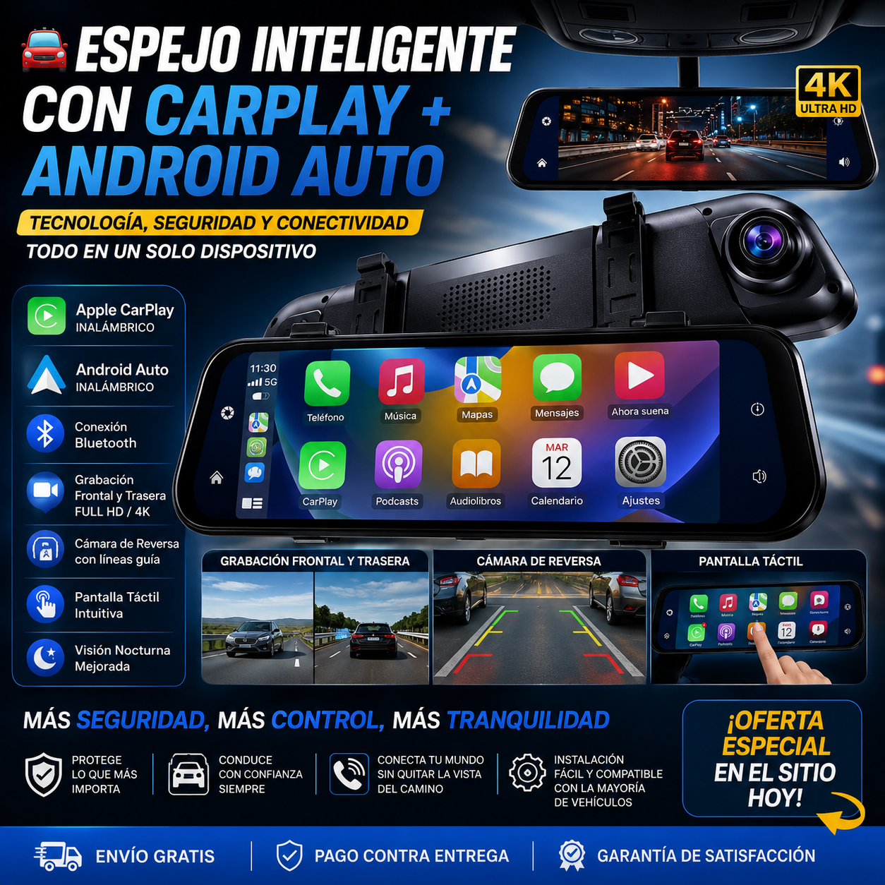 🚗 Espejo Retrovisor 4K con CarPlay y Android Auto Inalámbrico
