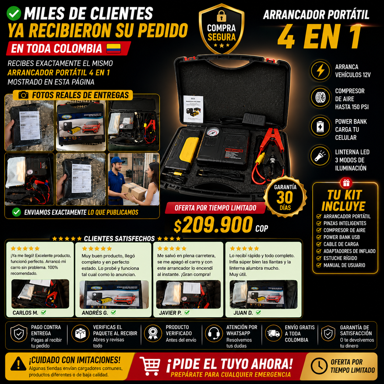 🚗 ARRANCADOR DE BATERIAS - KIT EMERGENCIA 4 EN 1