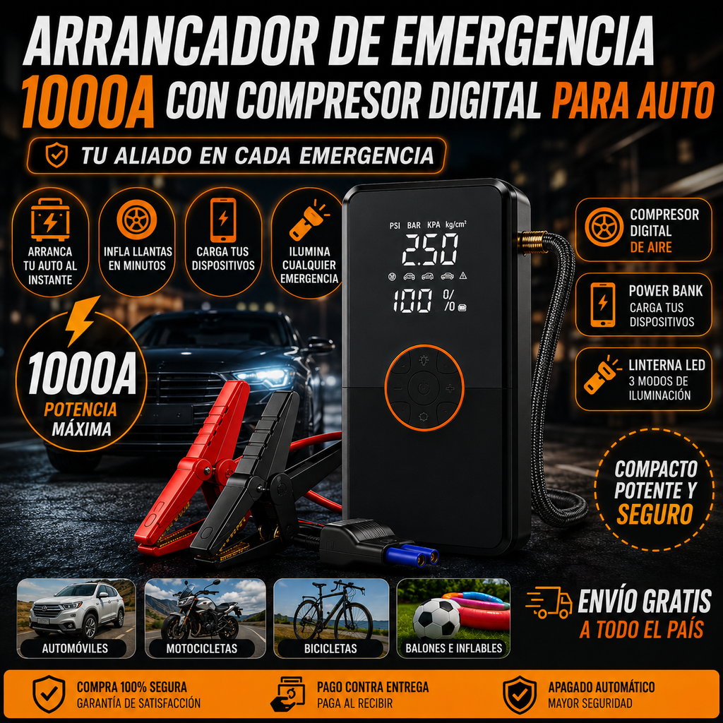 🚗 Arrancador de Emergencia 1000A con Compresor Digital para Auto