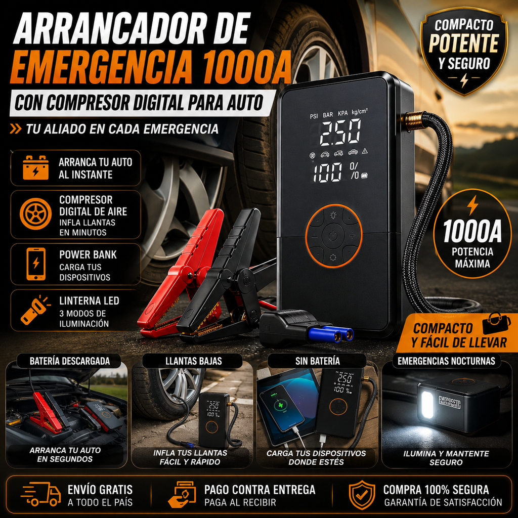 ⚡ MAX POWER – Arrancador de Batería con Compresor de Aire 🚗