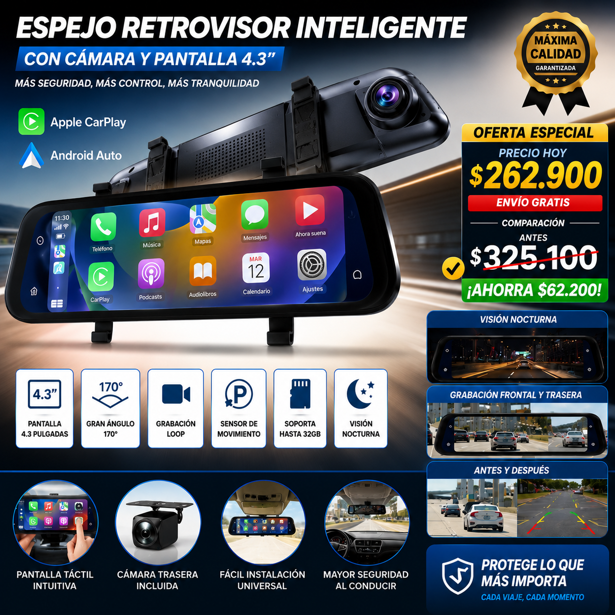 🚗 Espejo Retrovisor 4K con CarPlay y Android Auto Inalámbrico