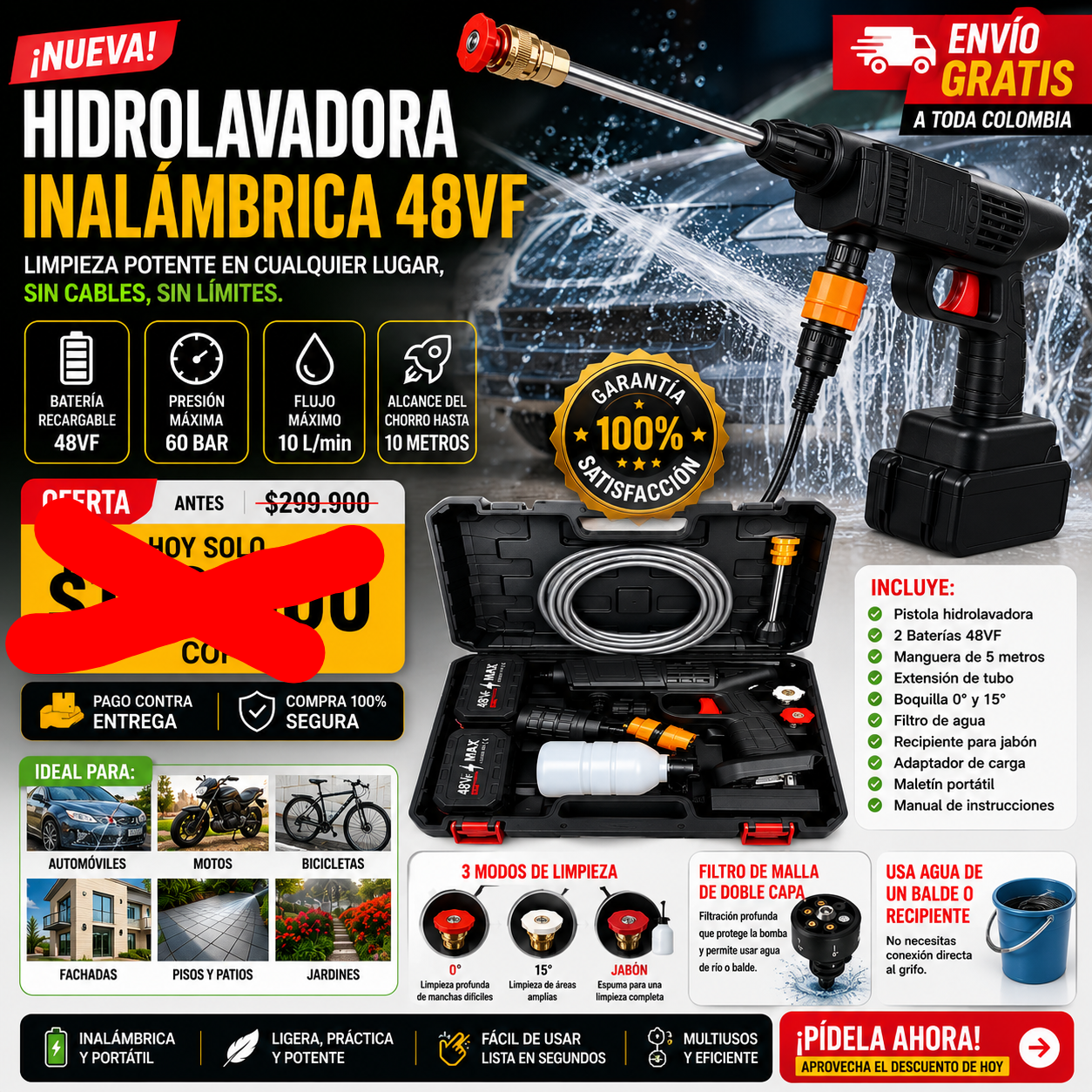 🔥 OFERTA EXCLUSIVA SOLO HOY - Hidrolavadora Inalámbrica de Alta Presión con Dos Baterías de 48V.
