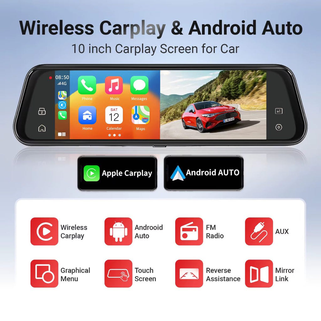 🚗 Espejo Retrovisor 4K con CarPlay y Android Auto Inalámbrico
