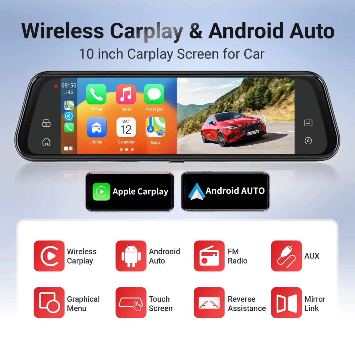 🚗 Espejo Retrovisor 4K con CarPlay y Android Auto Inalámbrico