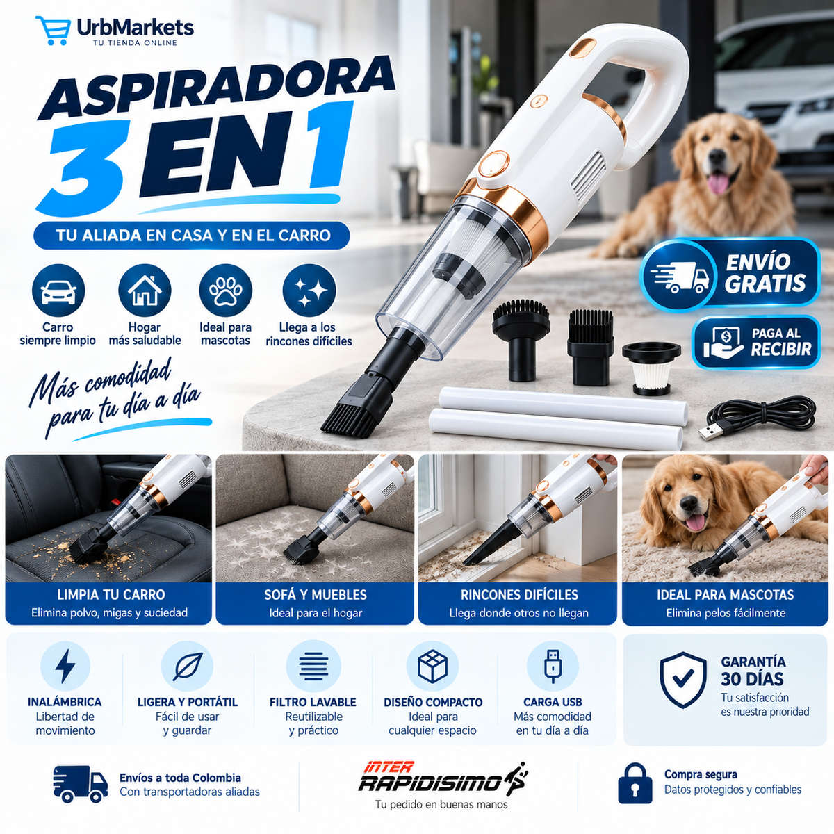 Aspiradora 3 en 1 UrbMarkets para carro y hogar - usos, accesorios y beneficios