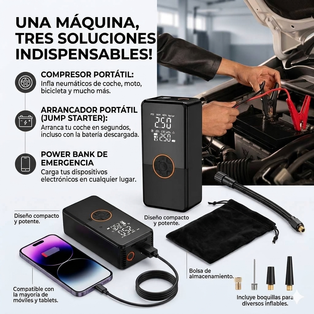 🚗 Arrancador de Emergencia 1000A con Compresor Digital para Auto