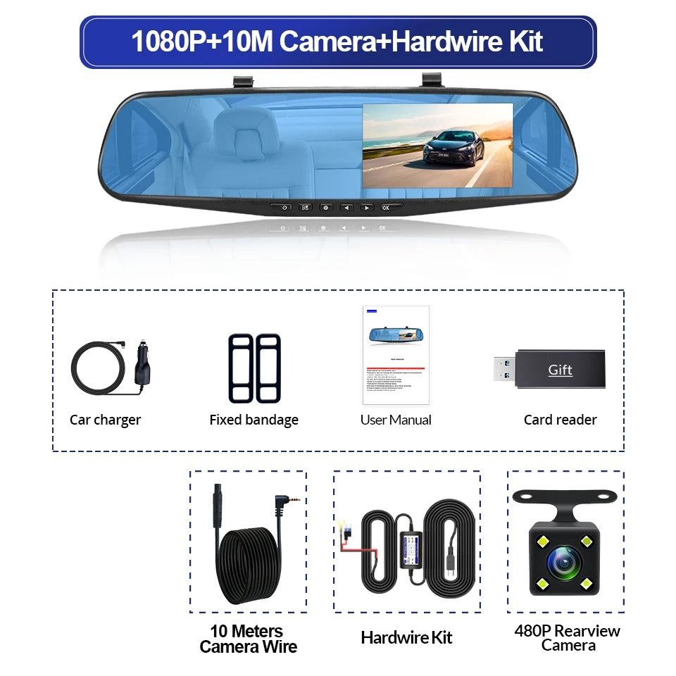 🚗 Espejo Retrovisor Inteligente DVR Full HD + Cámara de Reversa