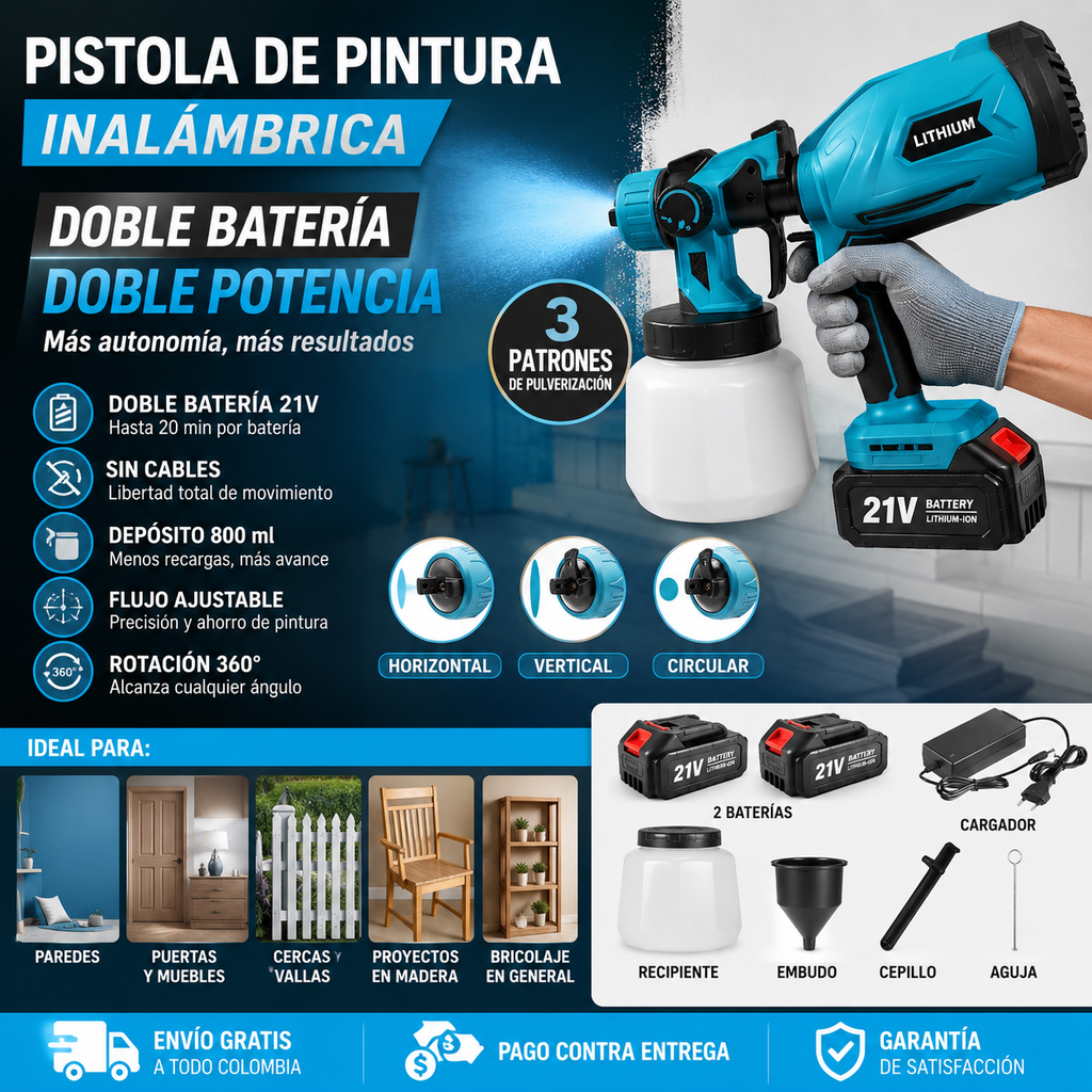 Pistola de Pintura Inalámbrica con Doble Batería – Acabado Profesional Sin Cables